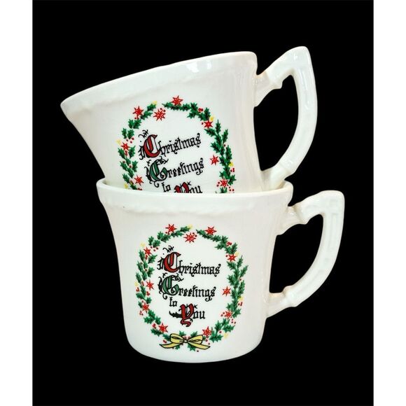Vintage Christmas Greetings to you, pottery mug, 1940s, set of two (2) - Picture 10 of 11